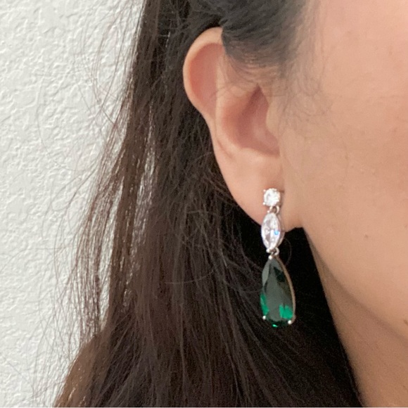 Signed Teardrop Lab Emerald Silvertone Drop Earrings - Picture 2 of 13